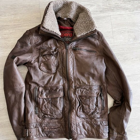 SUPERDRY VINTAGE TARPIT LEATHER MOTO JACKET WITH FAUX FUR COLLAR-SMALL - Picture 5 of 9